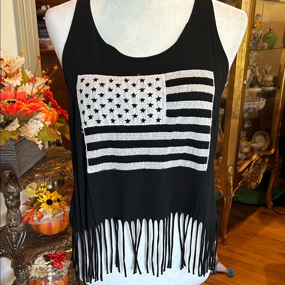 NWOT Bear Dance Black Fringe Tank with American Flag